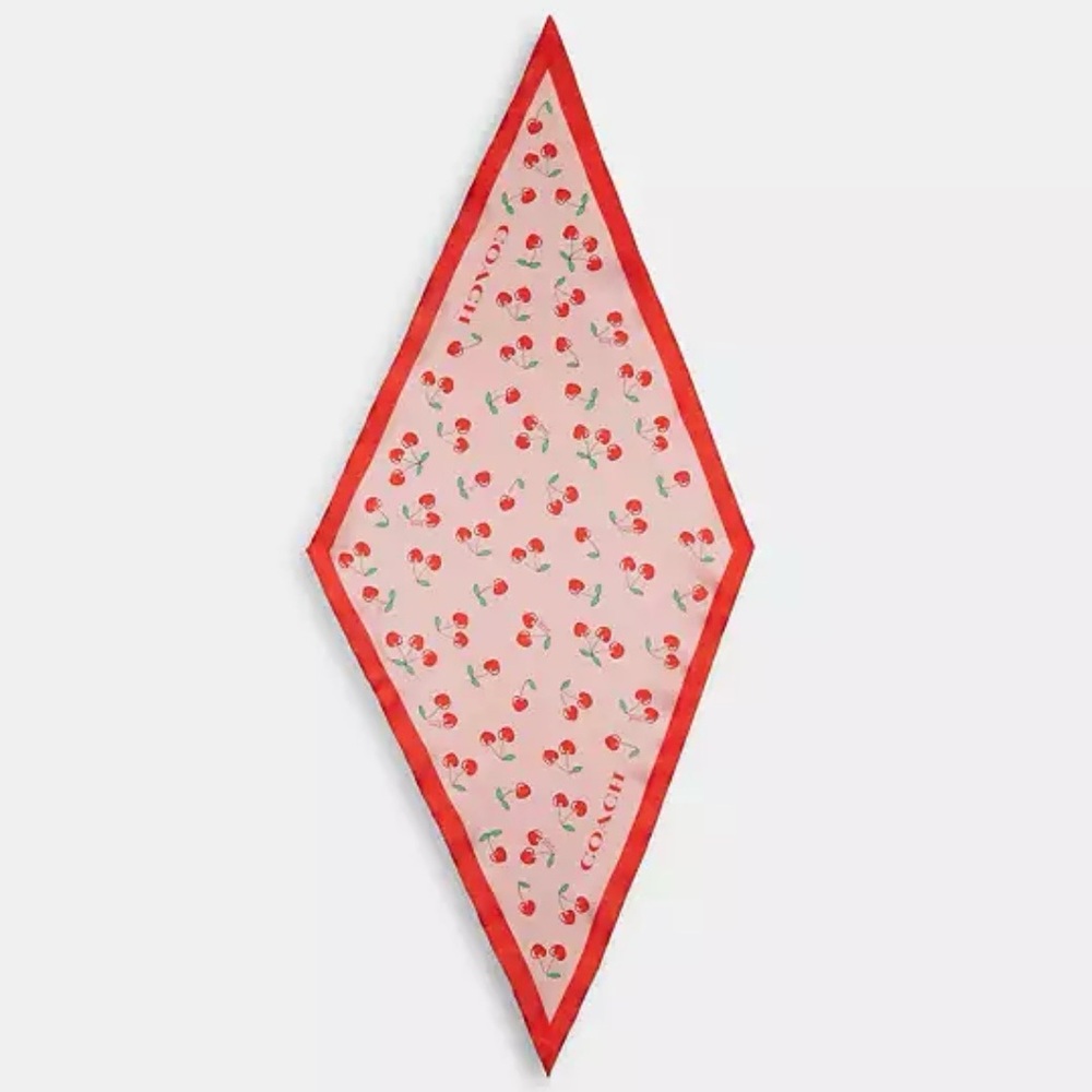 Coach Pink Red Silk Diamond Scarf with Heart Cherry Print CE481 - Picture 2 of 6